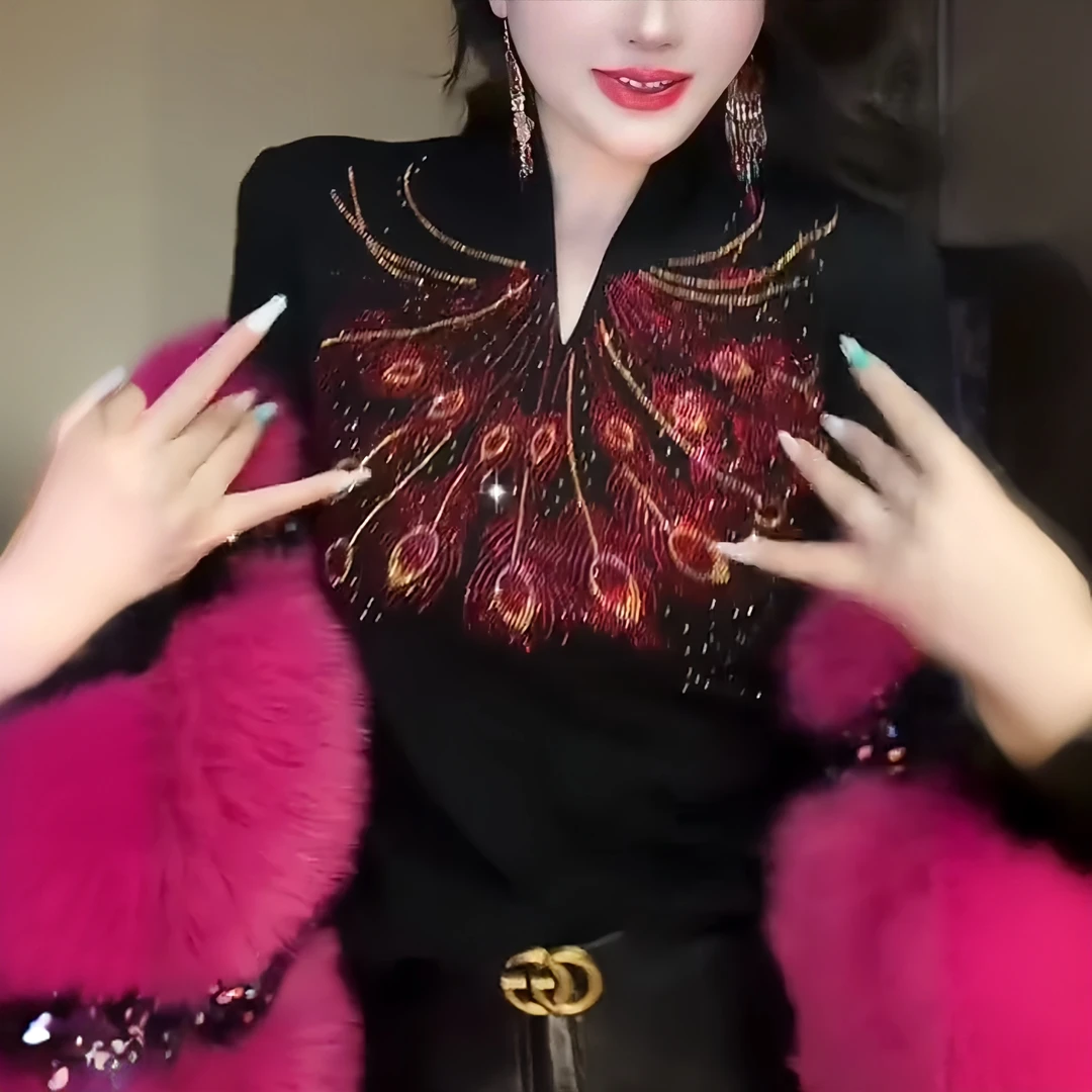 欧货V领德绒高级烫钻长袖打底衫女2024新款秋冬修身洋气内搭上衣