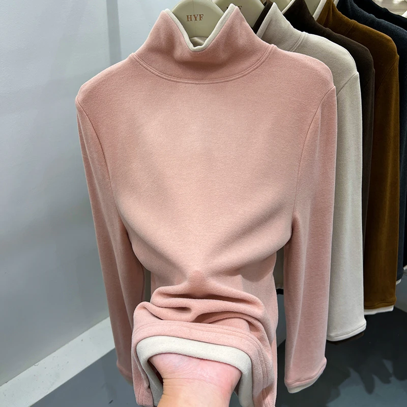 【加绒】拼色假两件双面德绒长袖T恤女2024秋冬软糯打底衫上衣厚