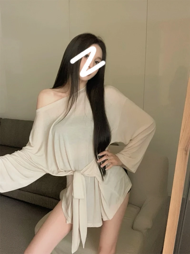 浮光跃斜肩长袖宽松T恤女2024新款休闲中长款绑带气质防晒上衣