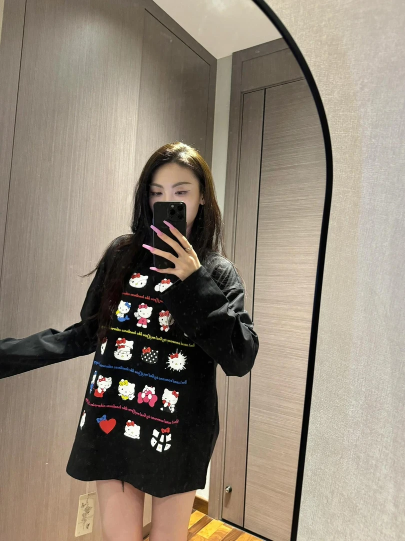 浮光跃美式复古小众设计感kitty早秋新款宽松纯棉重磅长袖T恤女潮