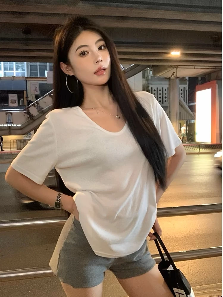 纯色基础款V领正肩短袖T恤女夏季2024新款松弛感宽松气质休闲上衣