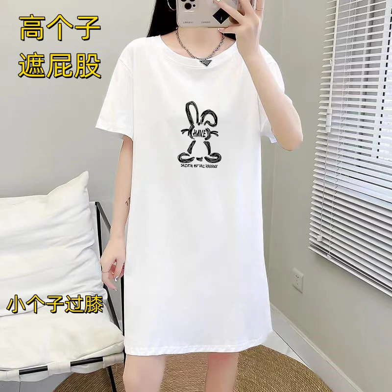 高个子纯棉t恤女夏季遮屁股中长款小个子过膝大码宽松上衣打底衫