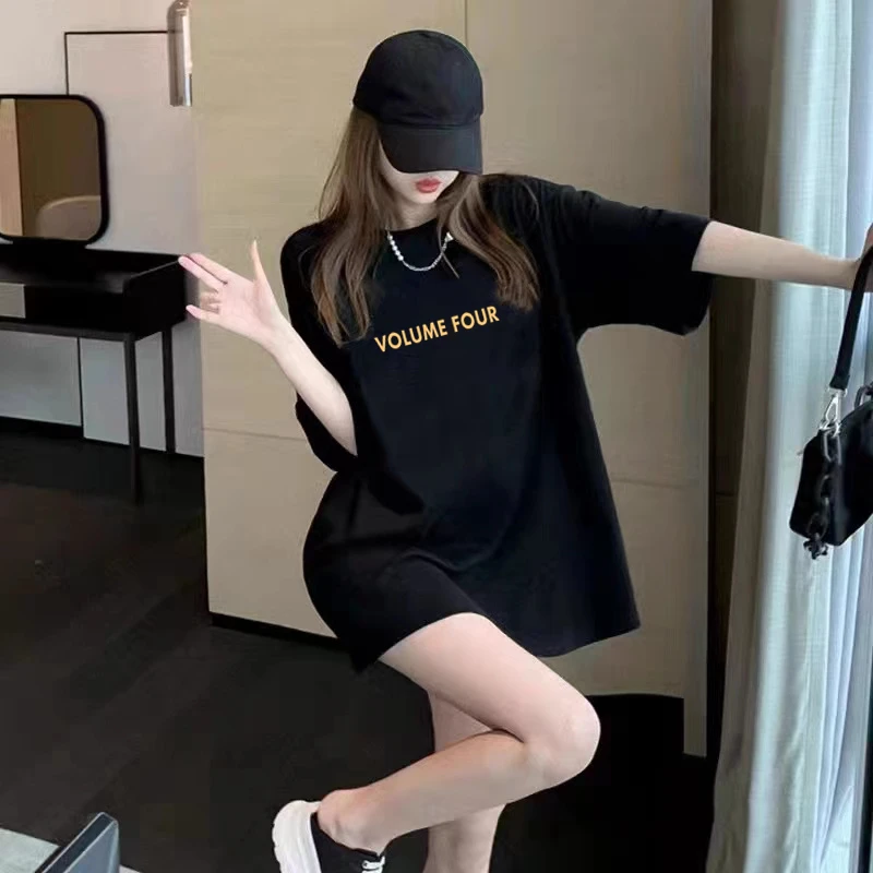 短袖纯棉中长款t恤大码女装宽松洋气遮屁股遮肉百搭上衣服打底衫