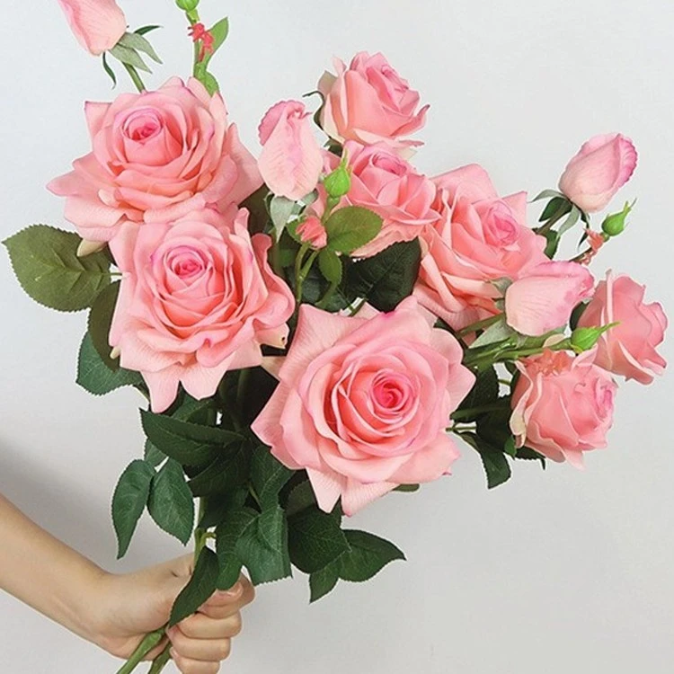 爱马仕玫瑰仿真花3头高档仿真手感保湿玫瑰花束荔枝家居装饰假花