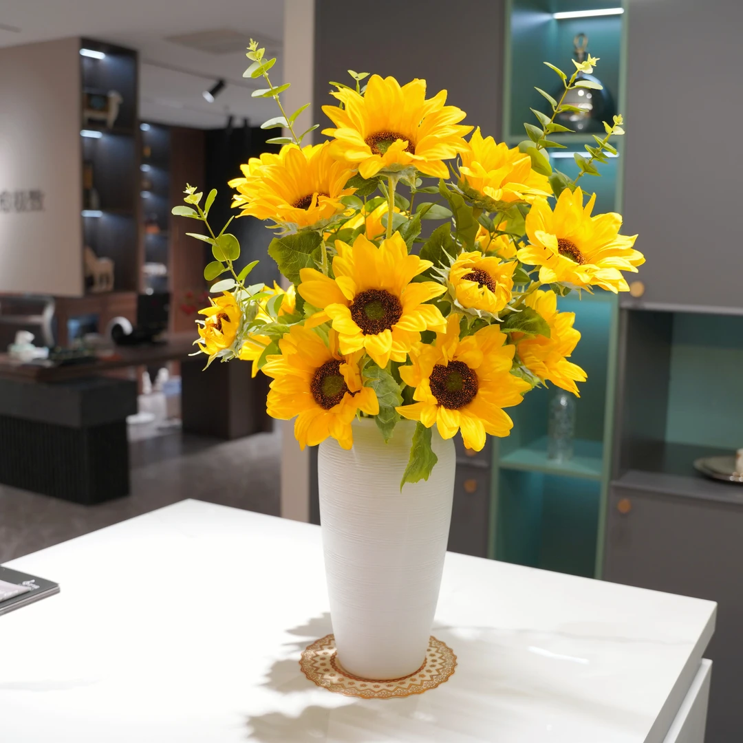 向日葵仿真花3头高端绢花餐桌花艺软装室内干花客厅假花轻奢装饰