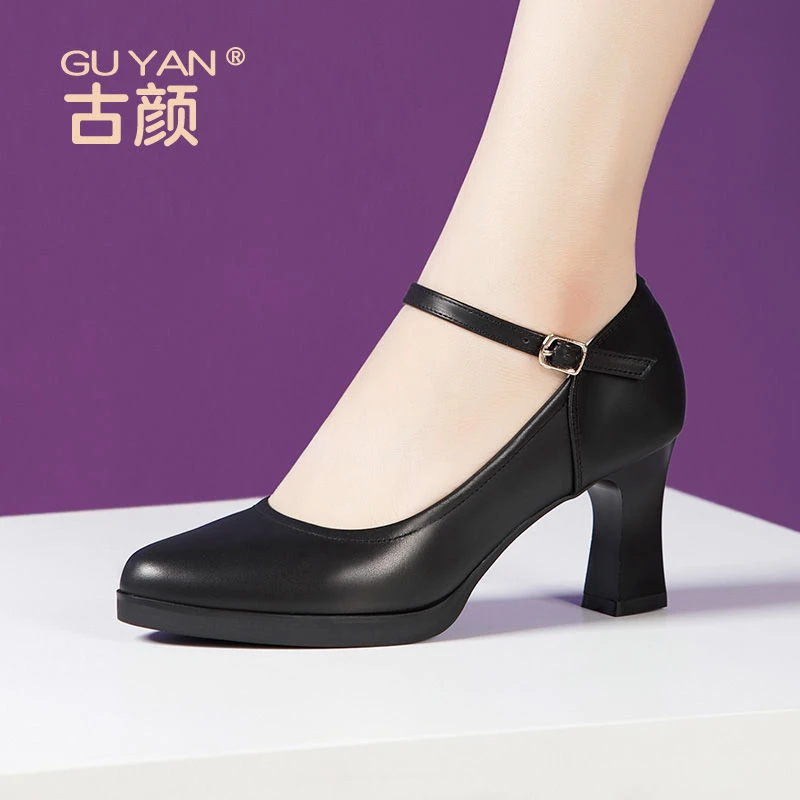 软牛皮旗袍模特演出专用走秀高跟鞋圆头真皮防水台粗跟职业鞋女