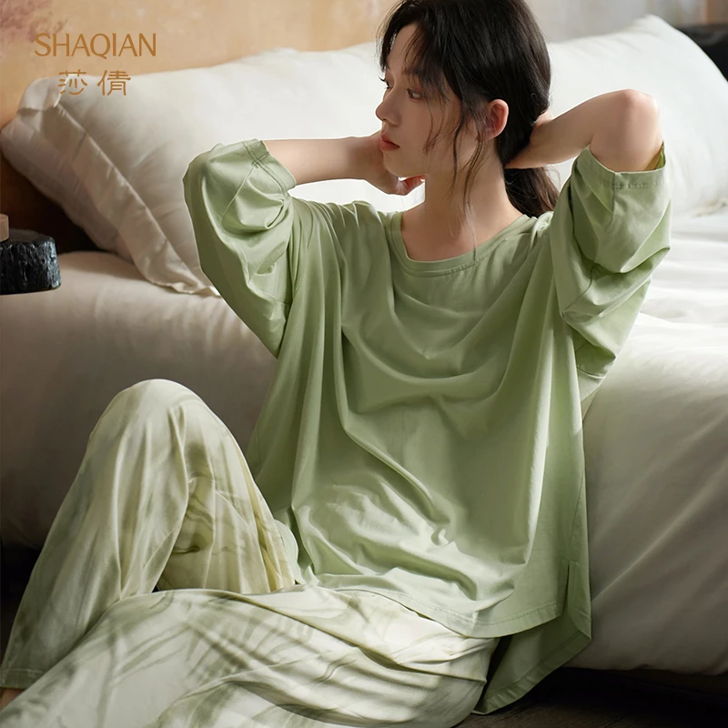 莎倩睡衣女2025年新款春秋季莫代尔棉长袖圆领可外穿家居服套装