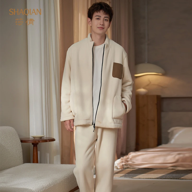 莎倩秋冬季睡衣男一体珊瑚绒加厚拉链套装加绒法兰绒可外穿家居服