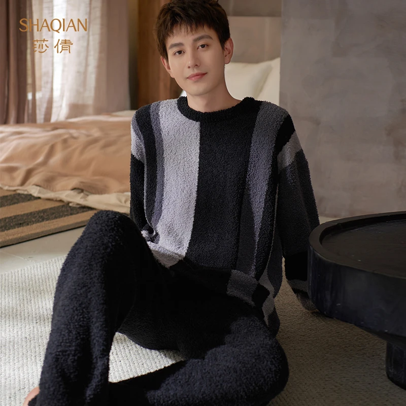 莎倩2025年新款睡衣男秋冬季半边绒加厚加绒长袖套装珊瑚绒家居服