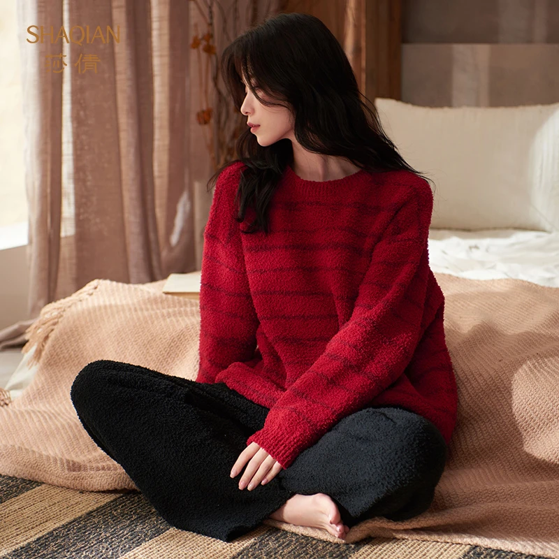 莎倩秋冬季加厚半边绒睡衣女红色加绒珊瑚绒结婚本命年外穿家居服
