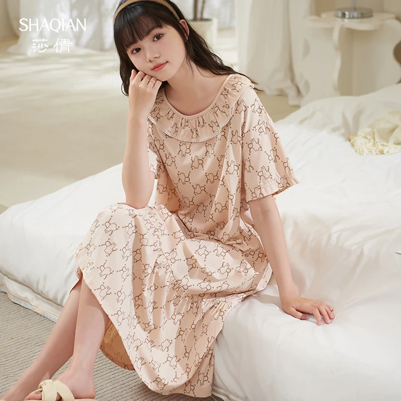莎倩【凉感型】睡裙女士夏季柔软棉短袖可外穿长款连衣裙睡衣家居服