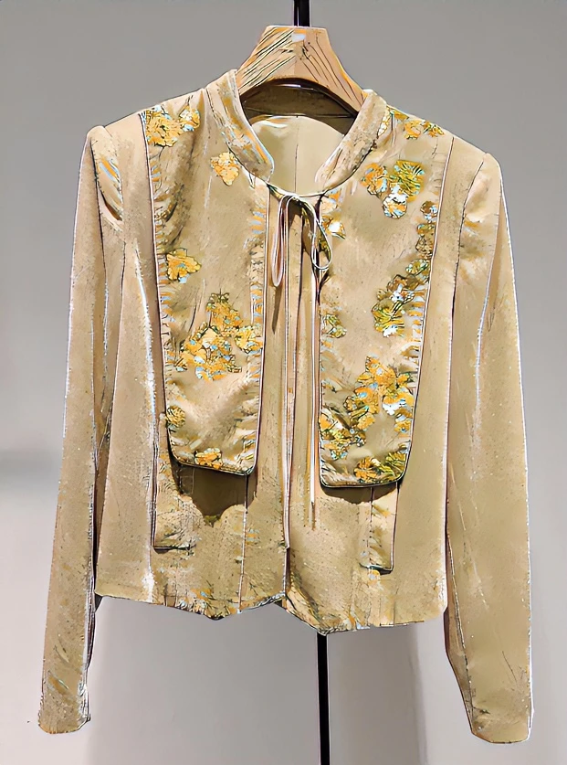 225海燕国风手工粤绣丝绒上衣新中式秋装重工复古短款绣花提花