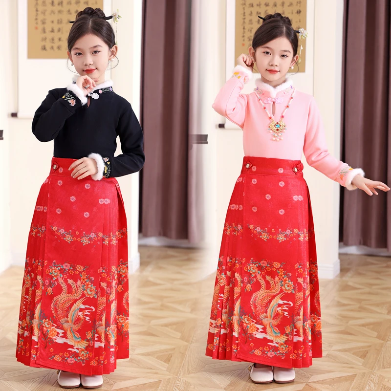 秋冬季爆款古风国风提花汉服女童儿童马面裙格格服套装上新小女孩