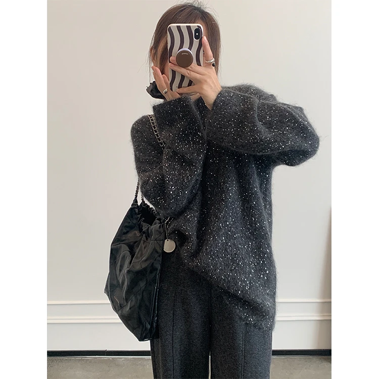 秋冬高级感宽松慵懒风星河亮片毛衫保暖洋气软糯马海毛套头上衣女