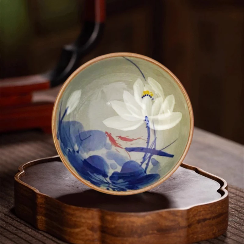 景德镇老陶泥柴窑手工手绘青花釉下彩白荷花普洱主人杯复古品茗杯