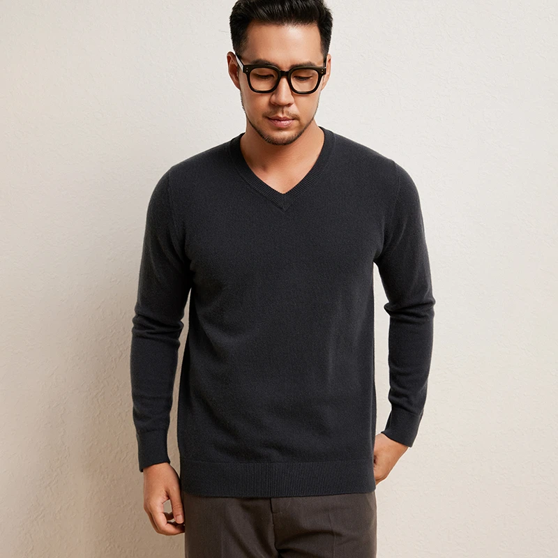 100%山羊绒男款打底衫12针单股V领羊绒套衫