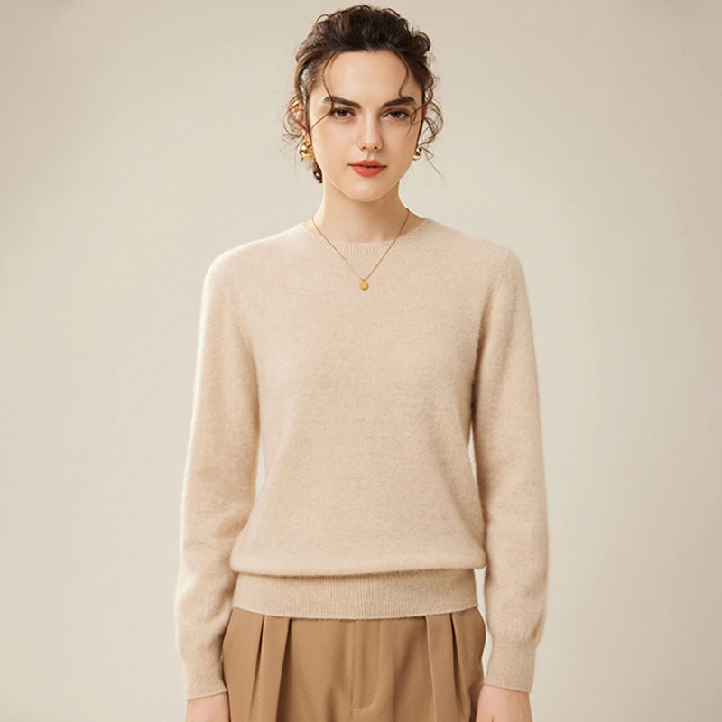 无缝一体经典款山羊绒衫2024新款圆领套头宽松打底衫