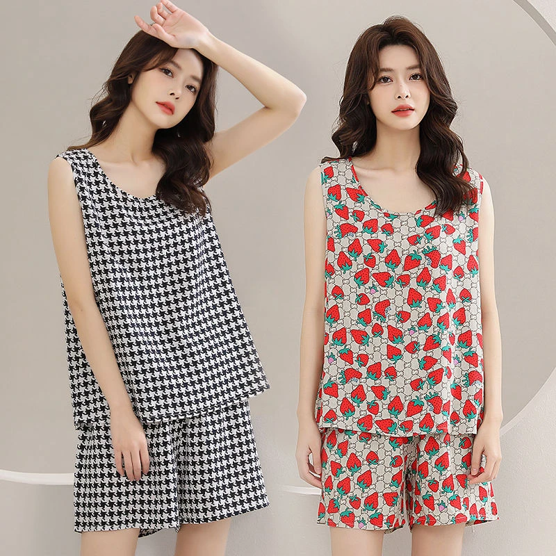 棉绸背心短裤睡衣女士无袖夏季薄款韩版大码宽松绵绸家居服人造棉