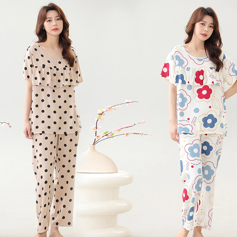 夏季新款棉绸套装女防凸点遮胸可外穿家居服休闲睡衣人造棉年轻