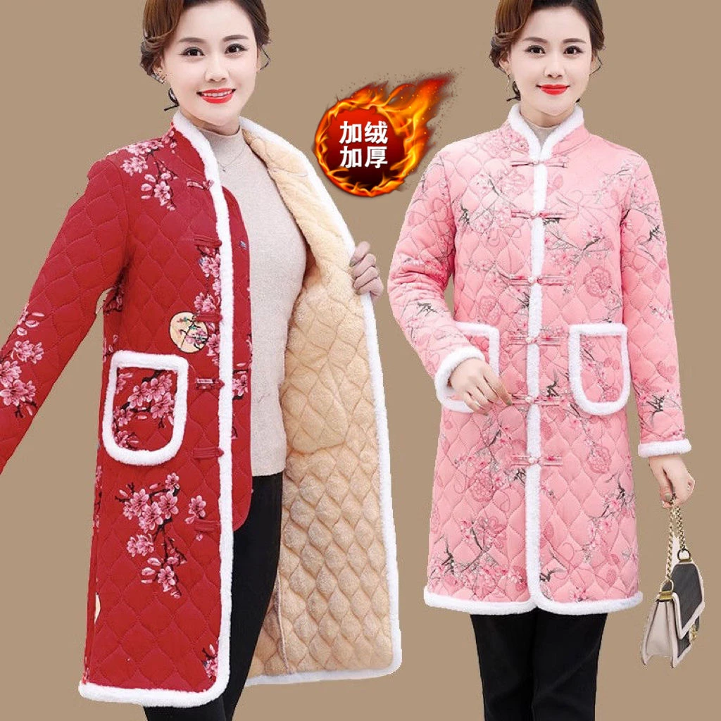 2024年民族风冬季新款新年穿搭新中式国风中长款加绒加厚花棉袄女