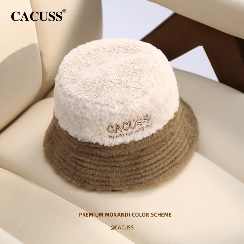 Cacuss双面戴渔夫帽子冬季女网红款仿兔毛盆帽保暖毛绒水桶帽