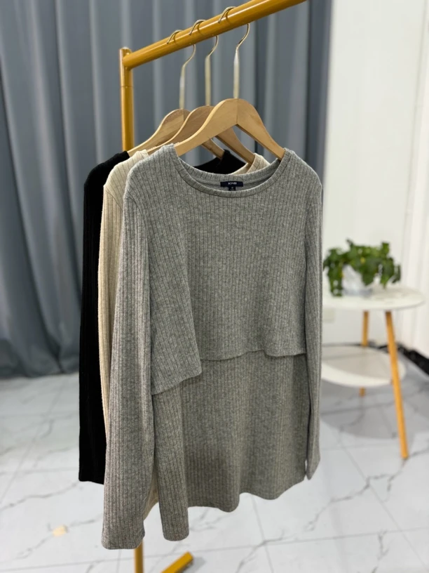 ZZ秋冬两色针织拼接圆领弹力短款休闲宽松打底衫