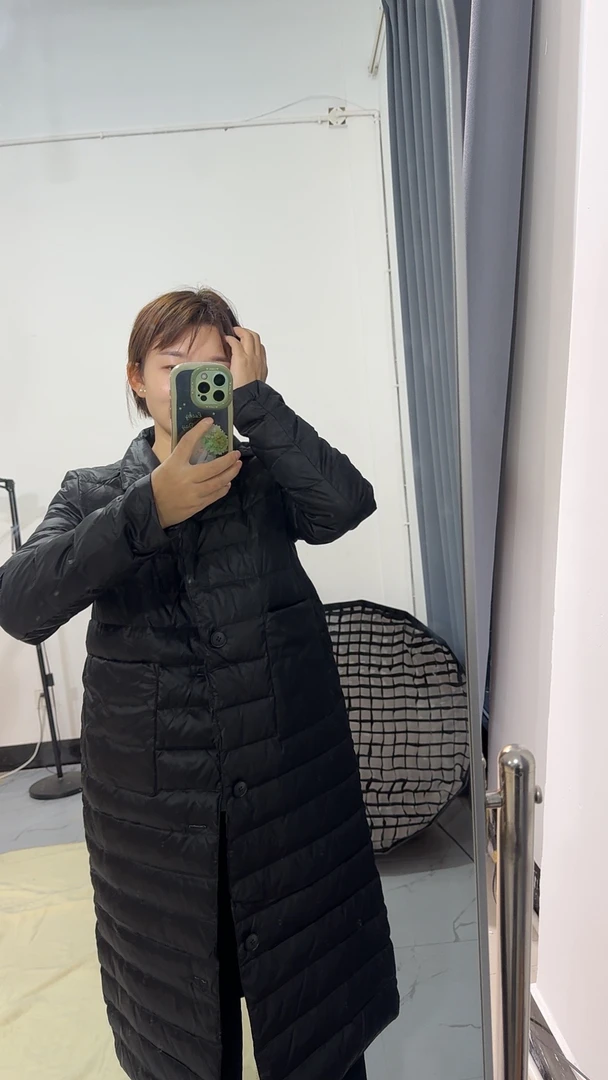 高货小羽家3286冬季保暖胖妞黑色轻薄西装领长款洋气棉服