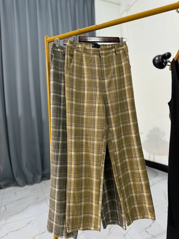 Kk345区秋季剪标两色亚麻时尚格纹直筒休闲长裤