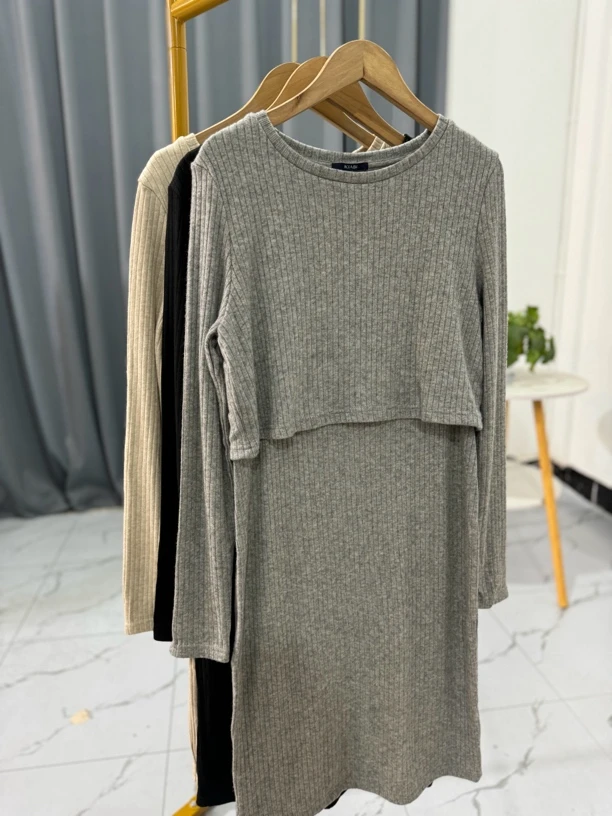 ZZ秋冬染色圆领拼接长款针织毛衣打底连衣裙