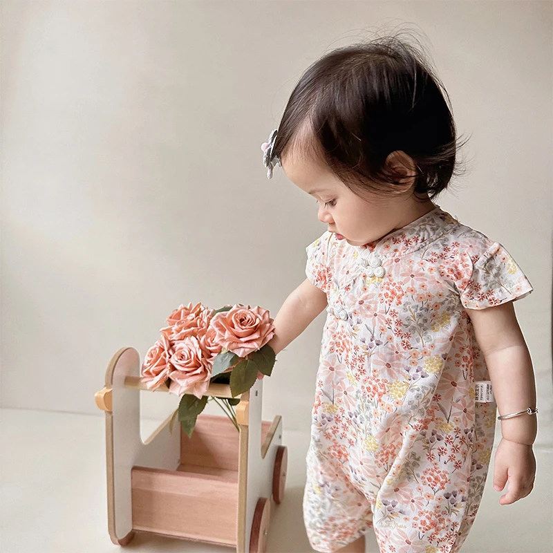 【花团锦簇】女童女宝夏款短袖婴儿透气清秀薄款印花复古旗袍哈衣