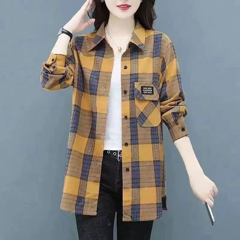 时尚外套宽松显瘦中长款大码格子女装衬衫