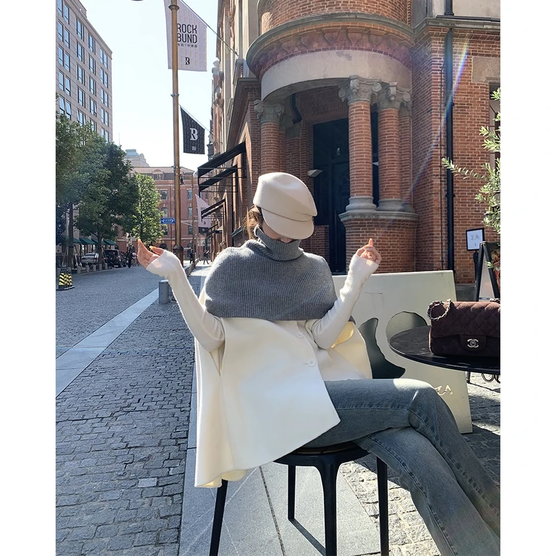 77store 韩版双面羊毛斗篷大衣女秋冬短款小个子高端羊毛呢子外套