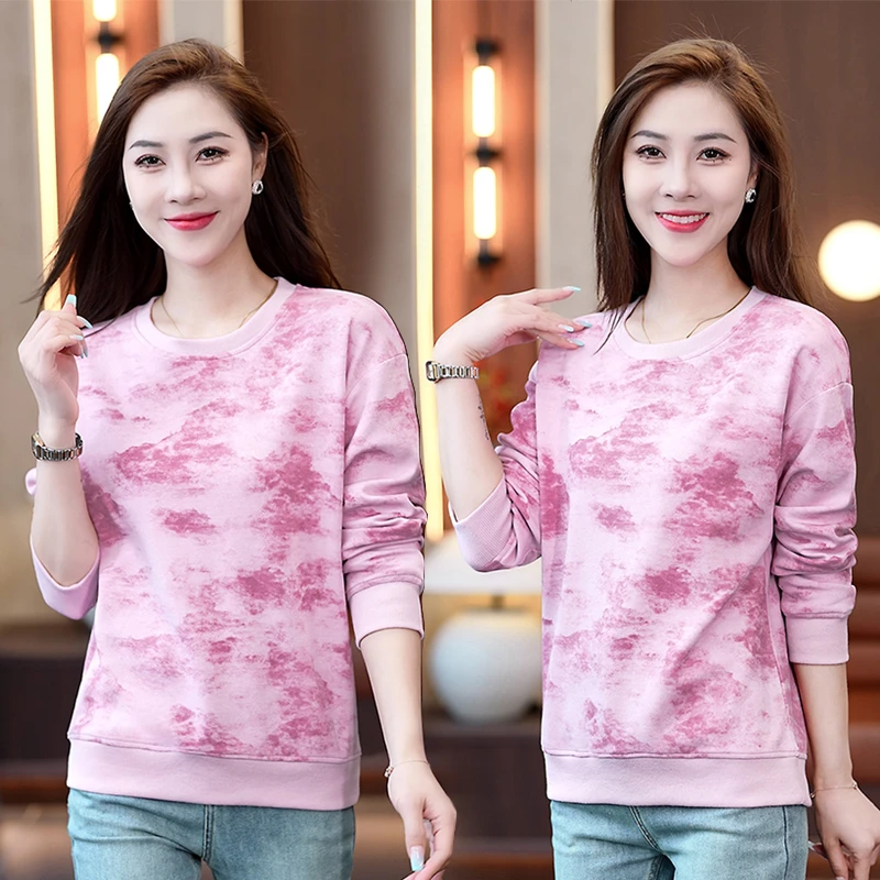 圆领花色长袖卫衣女春秋秋季新款时尚休闲宽松百搭套头上衣打底衫