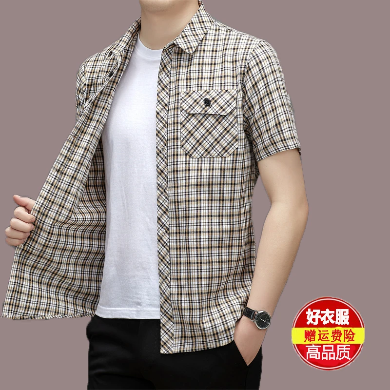 格子重磅男士衬衫短袖翻领夏新款港风半袖休闲宽松潮牌工装衬衣男
