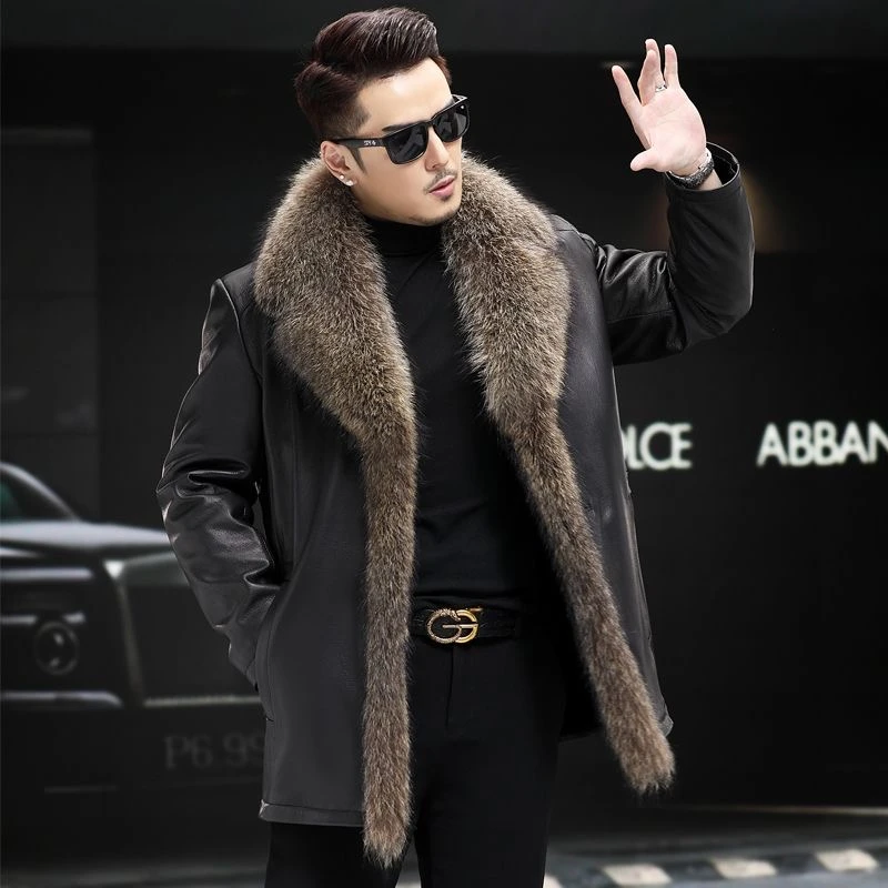 1555大衣款男士中长款冬款皮衣高档时尚休闲真皮秋冬款