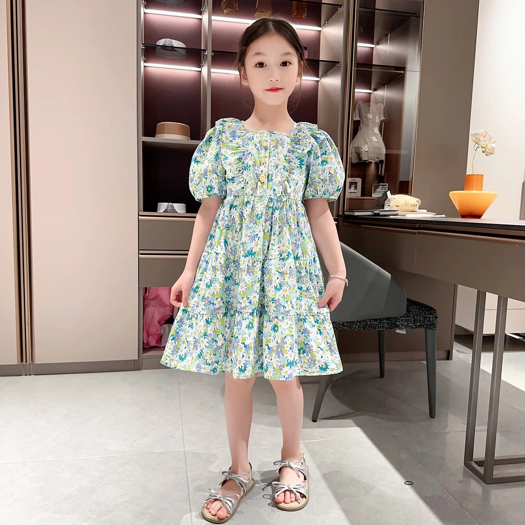 纯棉亲肤女童连衣裙2024新款夏季儿童碎花裙女孩泡泡袖甜美洋气裙