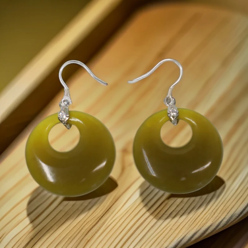 平安扣环形耳饰天然岫玉玉石扁圆耳环一对简约复古时尚耳坠耳钩