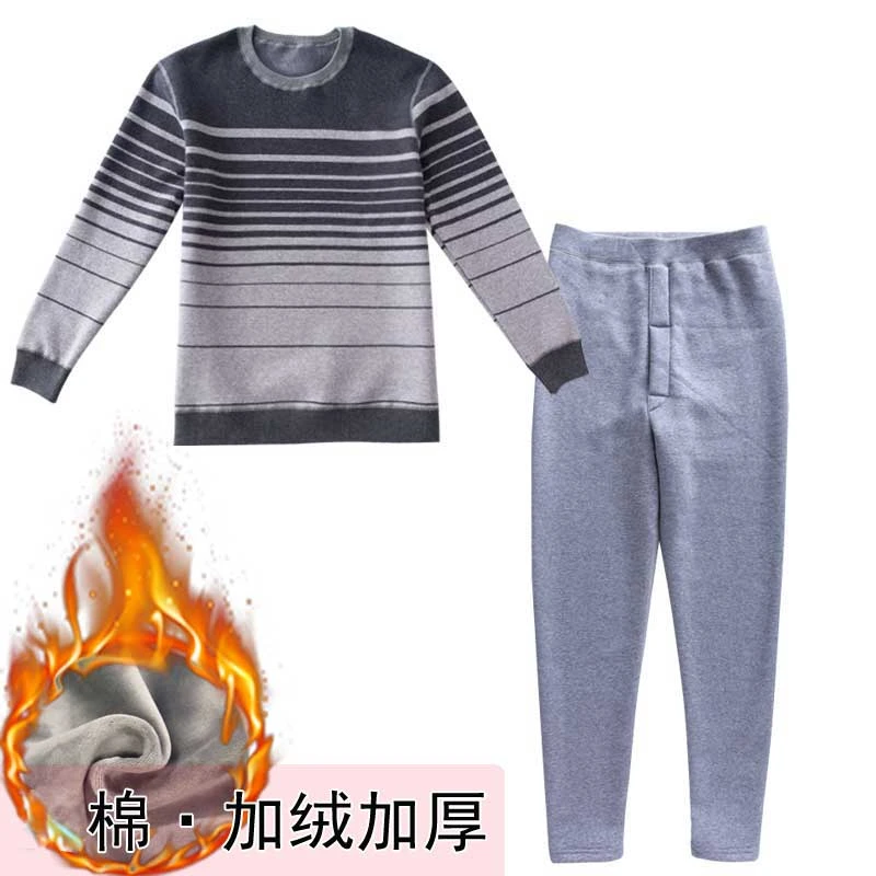 秋冬男棉加绒加厚提花保暖衣高腰保暖裤弹力大码绒衣绒裤