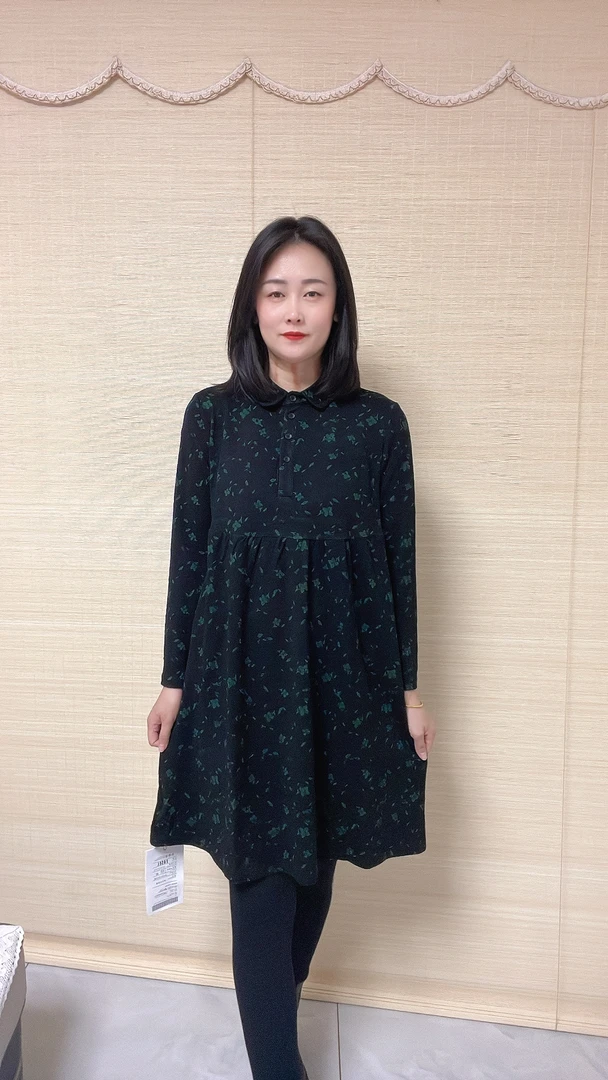 时尚百搭小领印花长袖显瘦减龄中长款大码连衣裙(23057)