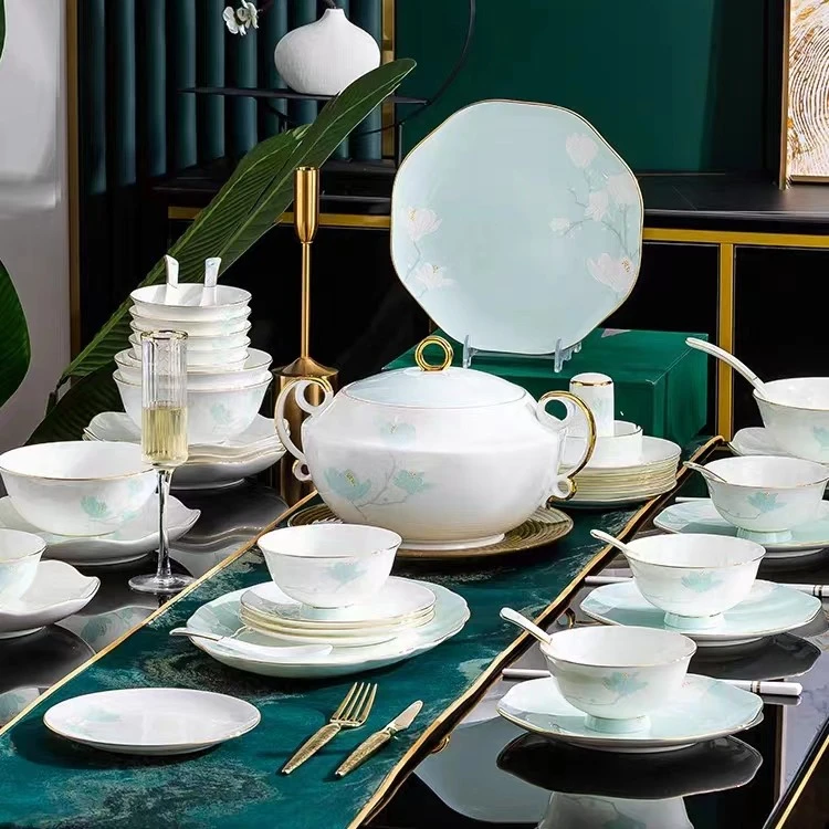 景德镇《望春玉兰》淡雅精细骨瓷餐具套装轻奢新中式简约微晶光釉面