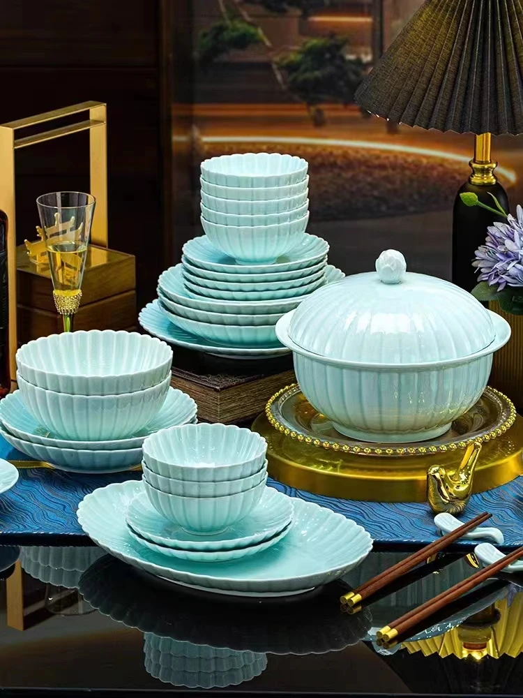 景德白瓷《青色贝壳》高岭土白瓷影青色轻奢简约家用厚实隔热防烫