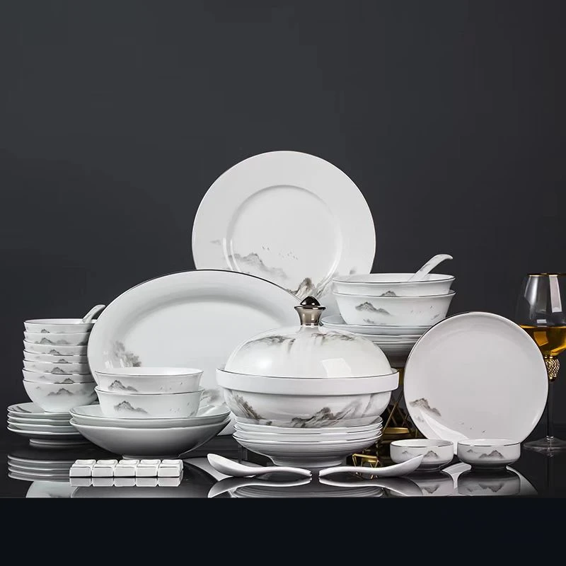 景德白瓷《千里江山》高岭土高白泥水墨风家用中式厚实温润山水餐具