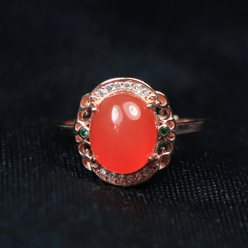 原矿无优化保山南红s925银镶冰红戒指