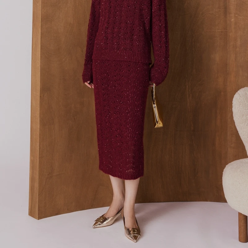 大雅家firststation时尚珠片纱镂空针织半身裙女24秋冬新款9392A