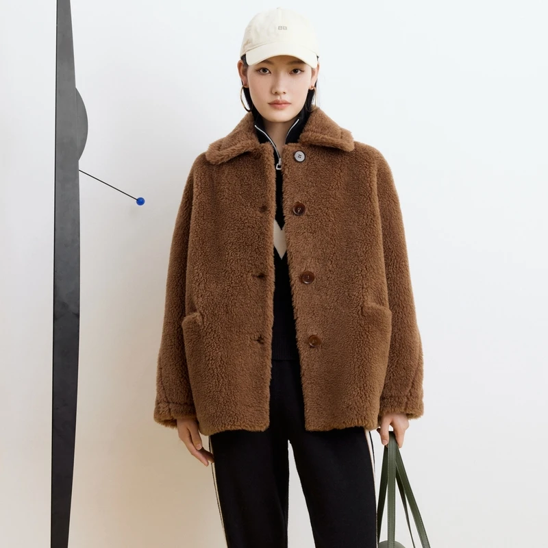 【富贵骆驼绒】大雅家简约衬衫领单排扣短款大衣女23秋冬新款8642A