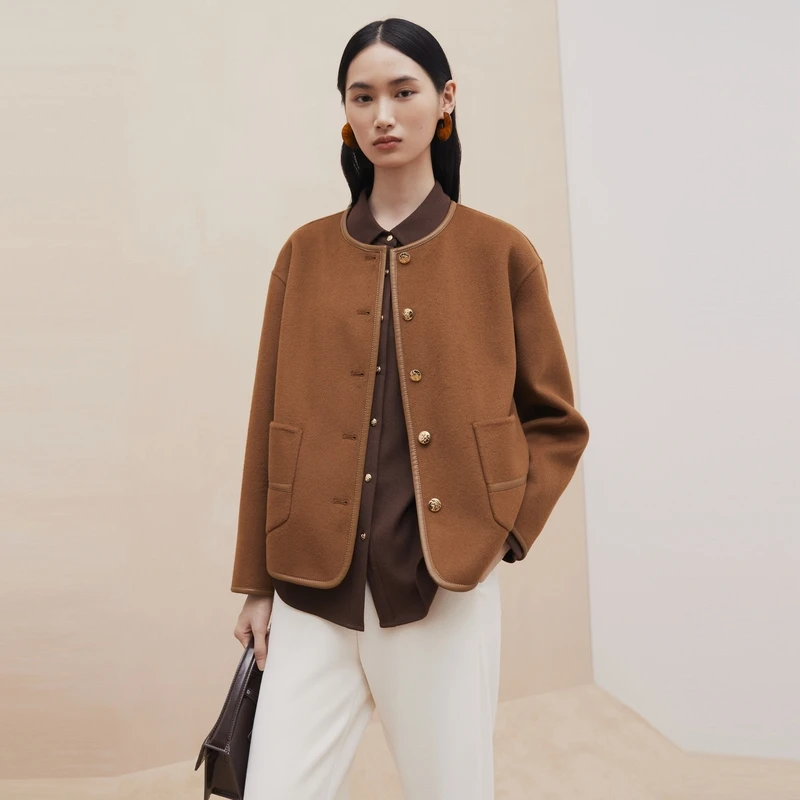 【晨粉专属价】大雅家时尚圆领拼接PU夹克大衣女24秋冬新款8102A