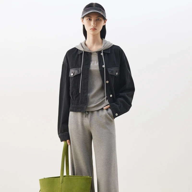 大雅家FS时尚翻领牛仔拼接PU短外套女24秋冬新款J128A