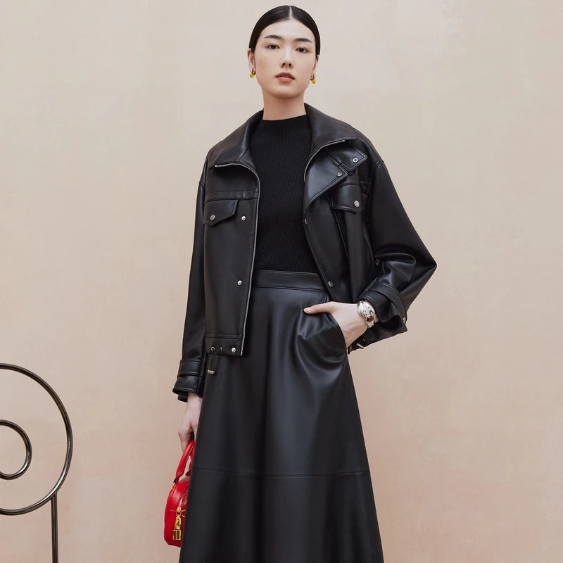 大雅家firststation休闲机车款环保皮短外套女24秋冬新款1221A