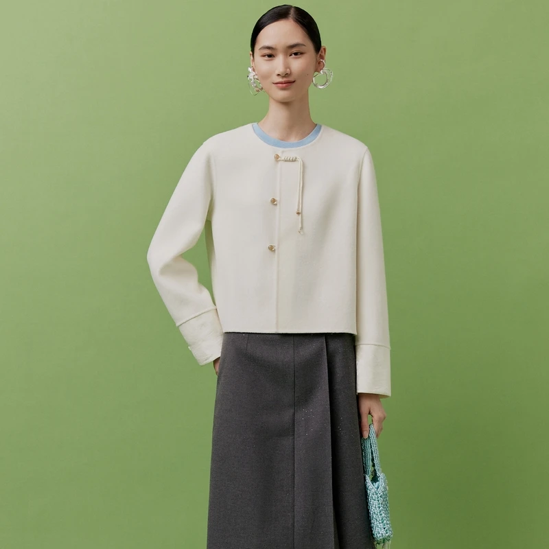 大雅家firststation国风双面呢拼接短款大衣女24秋冬新款8128A