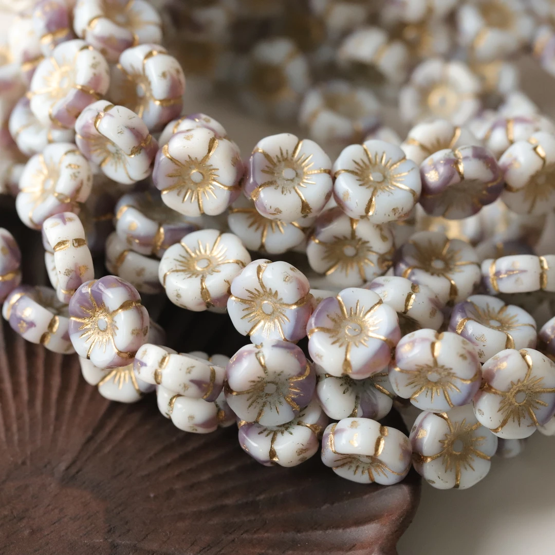 10颗进口捷克珠 12mm白紫晕染金夏威夷花diy手作材料串珠饰品配件